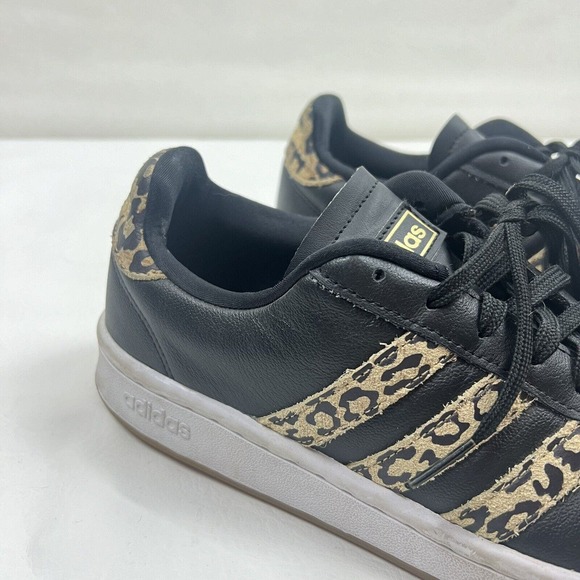 Adidas Shoes Womens 9 Black Leather Cheetah Three Stripe Sneakers Cloudfoam - Picture 2 of 11